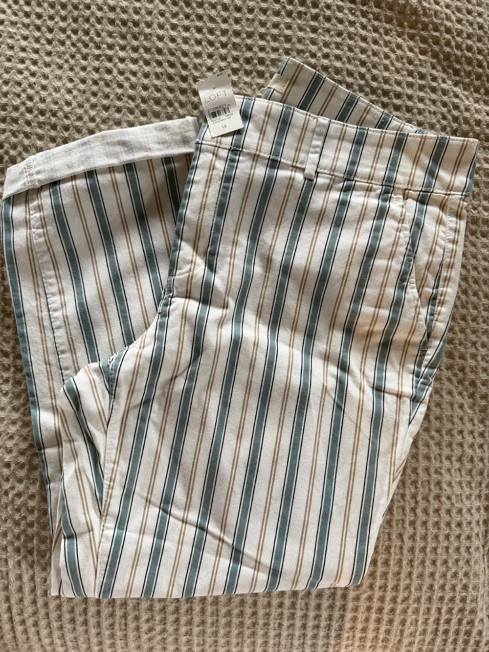 LOFT Vertical Stripe Button-Front Shirt - Teal, Tan & Black on Cream